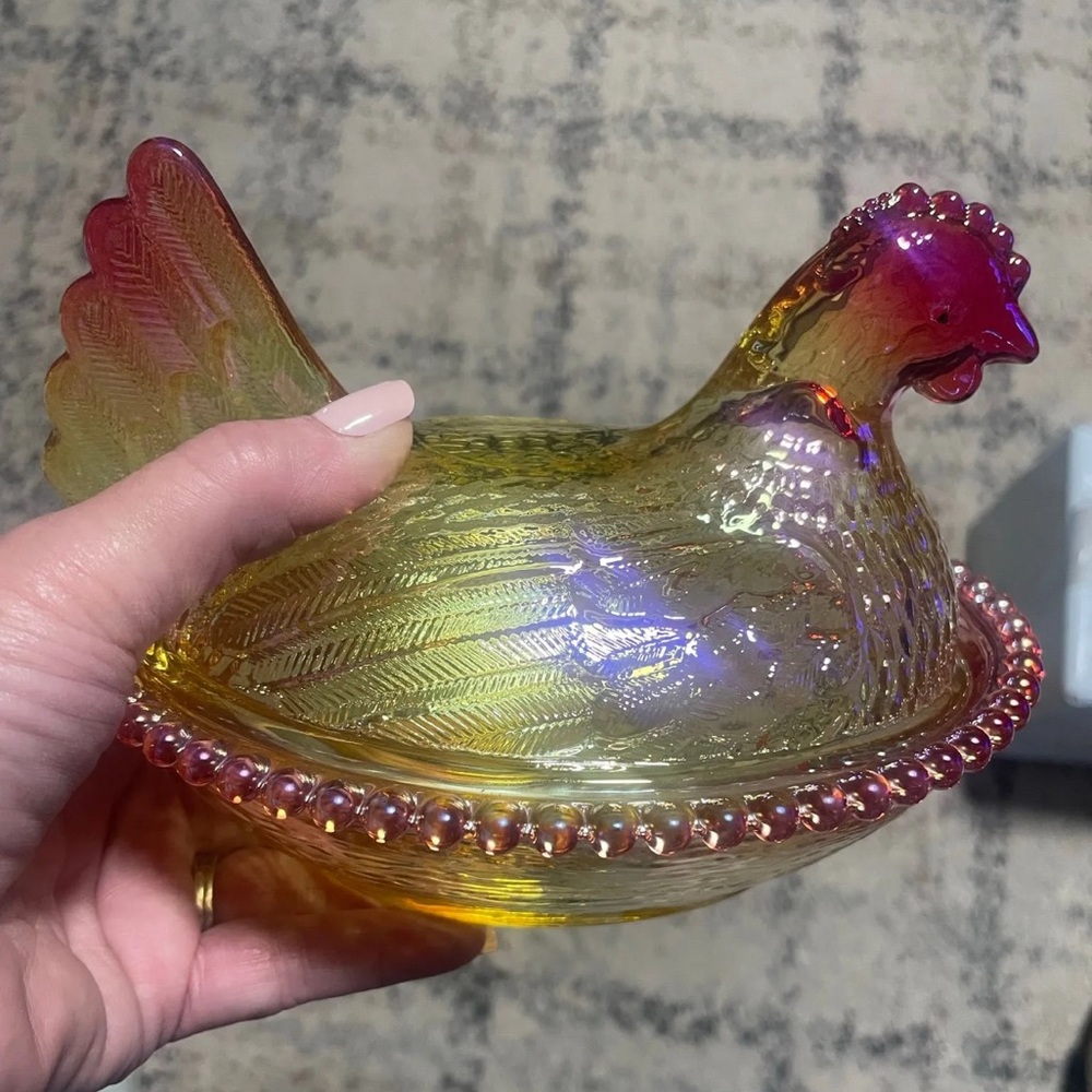 New Large Imported Iridescent Carnival Glass Hen on Nest Dish